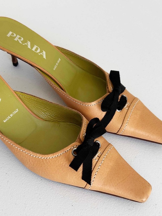 Prada Shoes - RARE Vintage Prada Eyelet Bow Mules Tan Leather Kitten Heels 39.5 Italy Y2K
